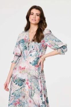 Leaf Print 3/4 Puff Sleeve Midi Dress -Hallmark Style D517113 WHITE 4