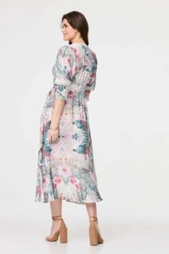 Leaf Print 3/4 Puff Sleeve Midi Dress -Hallmark Style D517113 WHITE 6