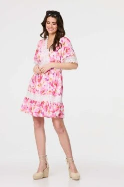 Floral Lace 1/2 Sleeve Short Dress -Hallmark Style D517166 MULTI WHITE 2