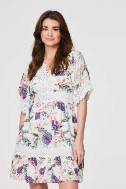 Leaf Print Lace Trim Short Dress -Hallmark Style D517167 MULTI WHITE 4