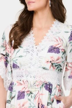 Leaf Print Lace Trim Short Dress -Hallmark Style D517167 MULTI WHITE 5