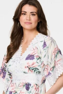 Leaf Print Lace Trim Short Dress -Hallmark Style D517167 MULTI WHITE 6