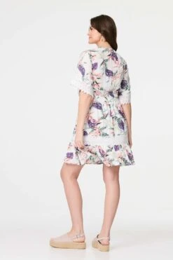 Leaf Print Lace Trim Short Dress -Hallmark Style D517167 MULTI WHITE 7