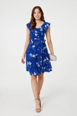 Floral Frilled Knee Length Wrap Dress -Hallmark Style D517451 MULTIBLUE 2