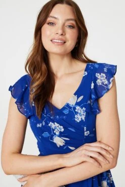 Floral Frilled Knee Length Wrap Dress -Hallmark Style D517451 MULTIBLUE 4