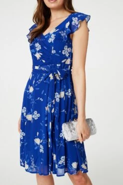 Floral Frilled Knee Length Wrap Dress -Hallmark Style D517451 MULTIBLUE 5