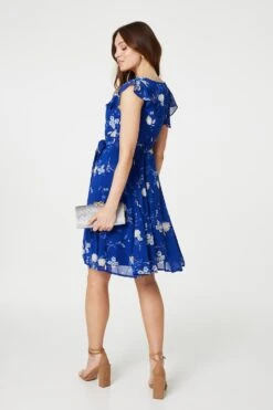 Floral Frilled Knee Length Wrap Dress -Hallmark Style D517451 MULTIBLUE 6