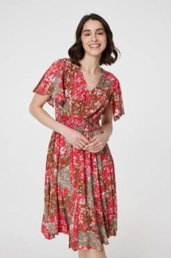 Patchwork Print Shirred Waist Dress