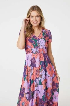 Floral Shirred V-Neck Maxi Dress 14 Floral Shirred V-Neck Maxi Dress -Hallmark Style D517635 MULTI PURPLE 3
