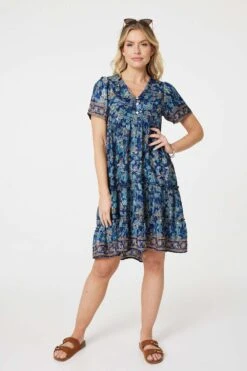 Paisley Border Print V-Neck Short Dress -Hallmark Style D517690 TEAL 1