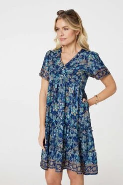 Paisley Border Print V-Neck Short Dress -Hallmark Style D517690 TEAL 2