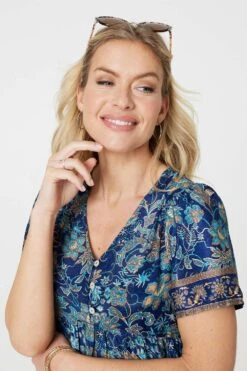 Paisley Border Print V-Neck Short Dress -Hallmark Style D517690 TEAL 4