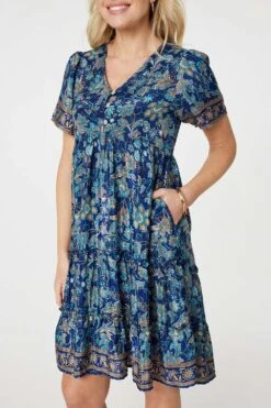 Paisley Border Print V-Neck Short Dress -Hallmark Style D517690 TEAL 5