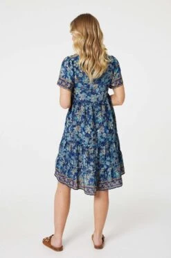 Paisley Border Print V-Neck Short Dress -Hallmark Style D517690 TEAL 6