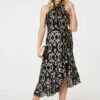 Printed High Low Halter-Neck Midi Dress -Hallmark Style D517714 BLACK 3