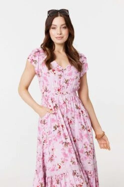 Floral Print Cap Sleeve Midi Dress -Hallmark Style D518229 PINK 3