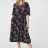 Printed 3/4 Sleeve Shirred Midi Dress