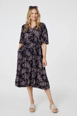 Printed 3/4 Sleeve Shirred Midi Dress