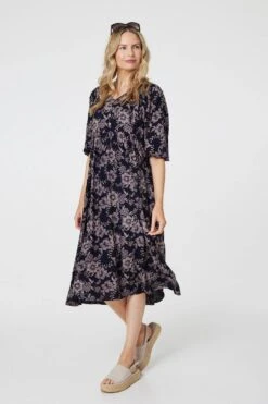 Printed 3/4 Sleeve Shirred Midi Dress -Hallmark Style D518978 NAVY 2