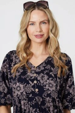 Printed 3/4 Sleeve Shirred Midi Dress -Hallmark Style D518978 NAVY 4