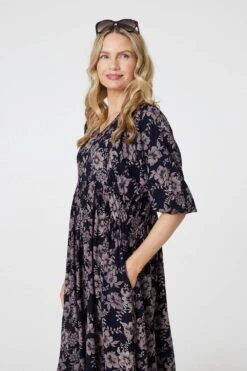 Printed 3/4 Sleeve Shirred Midi Dress -Hallmark Style D518978 NAVY 5