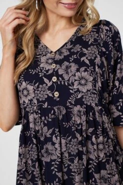 Printed 3/4 Sleeve Shirred Midi Dress -Hallmark Style D518978 NAVY 6