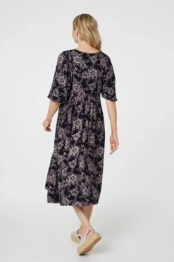 Printed 3/4 Sleeve Shirred Midi Dress -Hallmark Style D518978 NAVY 7