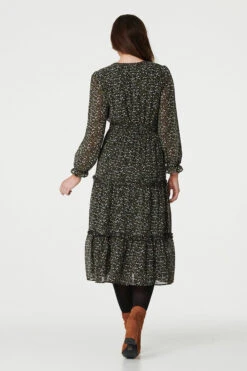 Floral Tie Front Tiered Midi Dress 15 Floral Tie Front Tiered Midi Dress -Hallmark Style D730268 BLACK 4