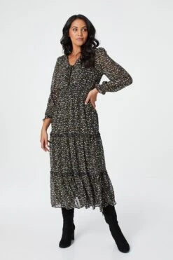 Floral Tie Front Tiered Midi Dress 21 Floral Tie Front Tiered Midi Dress -Hallmark Style D730268 MULTI BLACK 2