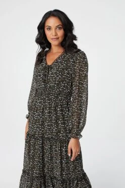 Floral Tie Front Tiered Midi Dress 18 Floral Tie Front Tiered Midi Dress -Hallmark Style D730268 MULTI BLACK 3