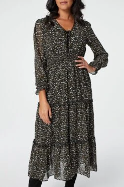 Floral Tie Front Tiered Midi Dress 19 Floral Tie Front Tiered Midi Dress -Hallmark Style D730268 MULTI BLACK 4