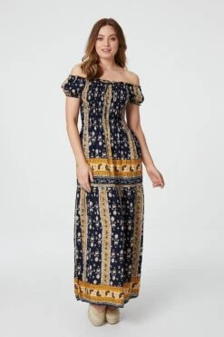 Retro Floral Bardot Maxi Dress -Hallmark Style D730648 NAVY 1