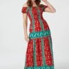 Retro Floral Bardot Maxi Dress -Hallmark Style D730648 RED 1