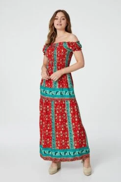 Retro Floral Bardot Maxi Dress -Hallmark Style D730648 RED 2