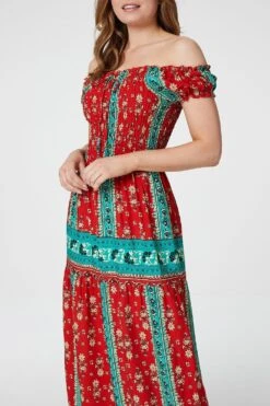 Retro Floral Bardot Maxi Dress -Hallmark Style D730648 RED 4