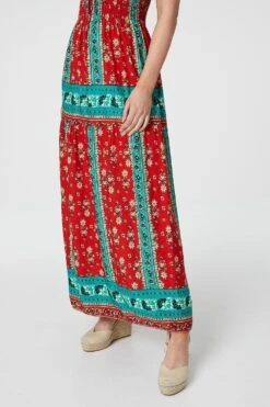 Retro Floral Bardot Maxi Dress -Hallmark Style D730648 RED 5