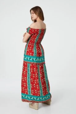 Retro Floral Bardot Maxi Dress -Hallmark Style D730648 RED 6