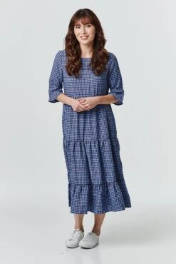 Checked Tiered Smock Dress -Hallmark Style D730878 BLUE 1