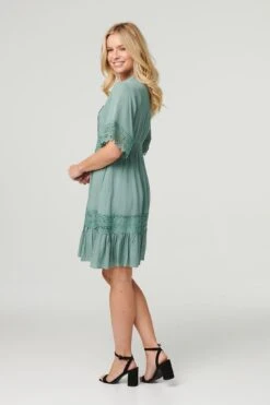 Lace Detail 1/2 Sleeve Short Dress -Hallmark Style D731197 KHAKI 5