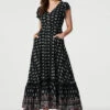 Printed V-Neck Lace Hem Maxi Dress 1 Printed V-Neck Lace Hem Maxi Dress -Hallmark Style D731302 MULTI BLACK 1