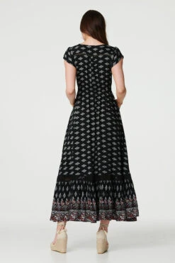 Printed V-Neck Lace Hem Maxi Dress -Hallmark Style D731302 MULTI BLACK 5