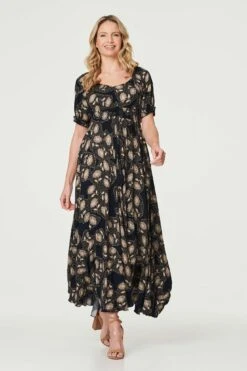 Printed Shirred Waist Maxi Dress -Hallmark Style D731349 NAVY 1