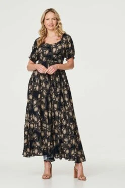 Printed Shirred Waist Maxi Dress -Hallmark Style D731349 NAVY 2