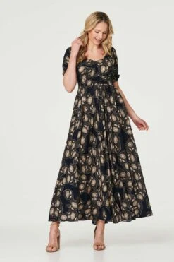 Printed Shirred Waist Maxi Dress -Hallmark Style D731349 NAVY 3