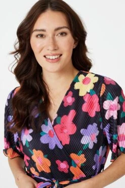 Floral Long Sleeve Pleated Dress -Hallmark Style D731585 BLACK 5