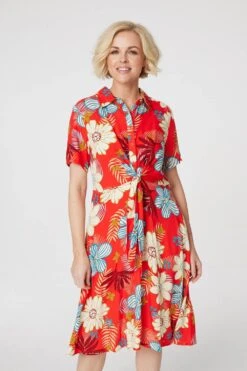 Tropical Knot Front Shirt Dress