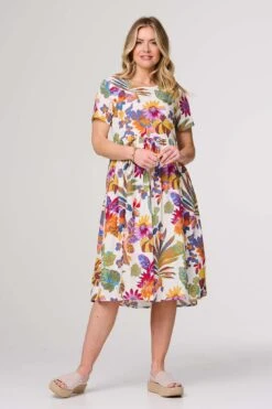 Floral Short Sleeve Relaxed Midi Dress 17 Floral Short Sleeve Relaxed Midi Dress -Hallmark Style D732232 MULTI WHITE 1
