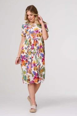 Floral Short Sleeve Relaxed Midi Dress 13 Floral Short Sleeve Relaxed Midi Dress -Hallmark Style D732232 MULTI WHITE 2