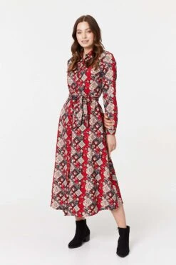 Printed Tie Waist Midi Shirt Dress -Hallmark Style D732625 MULTI RED 2