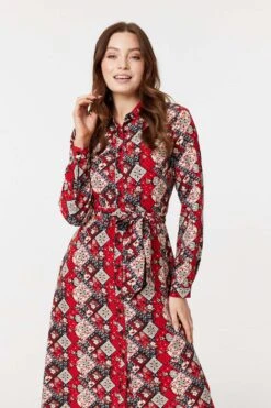 Printed Tie Waist Midi Shirt Dress -Hallmark Style D732625 MULTI RED 3